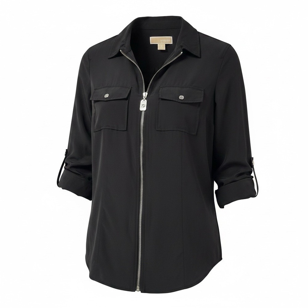 Michael Kors Sheer Blouse Women’s Size 2 Black Long Adjustable Sleeves Full Zip